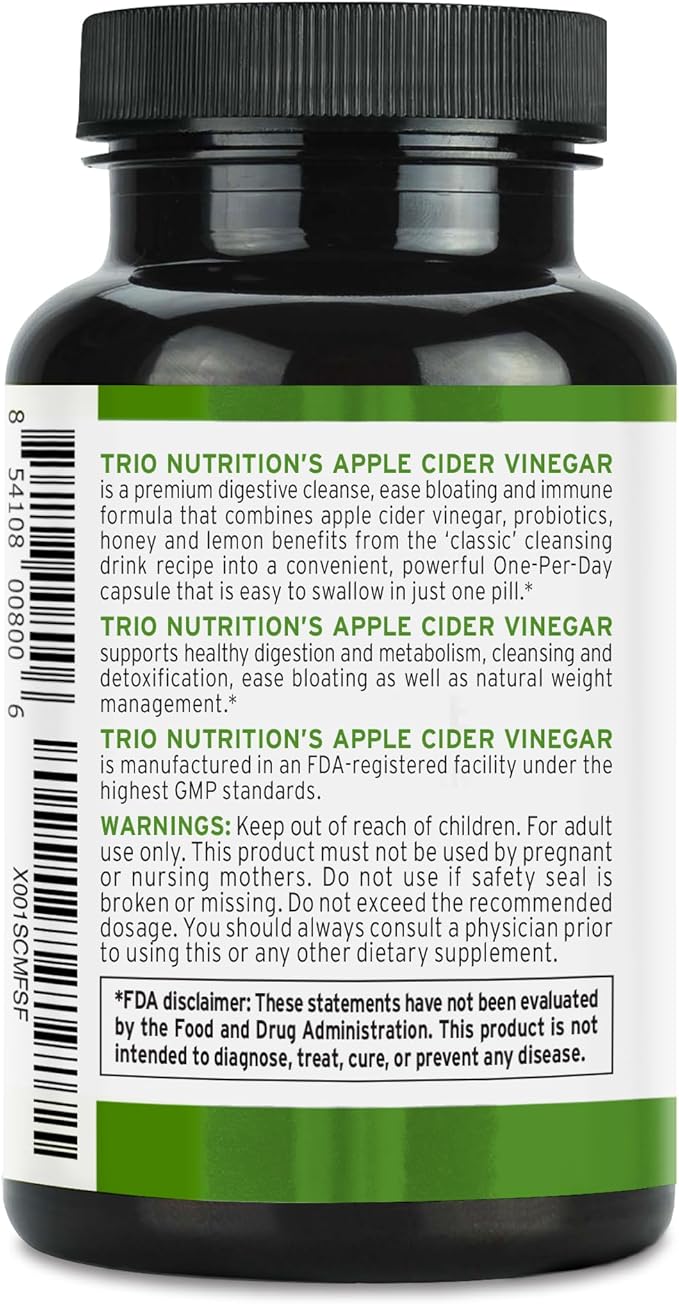 TRIO NUTRITION Apple Cider Vinegar Capsules with Multi-Strain Probiotics - Natural Sugar Free ACV Capsules with The Mother for Gut Health, Immunity, Body Cleanse & Healthy pH - Metabolism Booster*
