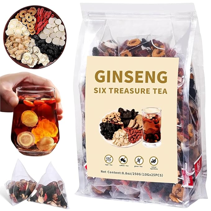 Ginseng Six Treasures Kidney Tea - Traditional Chinese Herbal Tea with Ingredients, Six Precious Herbs Formula (25 Tea Bags)
