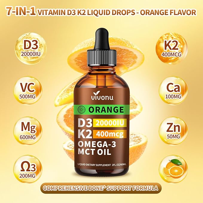 VivoNu Vitamin D3 K2 Drops, D3 20000 IU & K2 as MK-7 400mcg, Orange Flavor Vitamin D Liquid Drops Supplement with Magnesium, Calcium, Zinc & Omega 3 for Immune*, Mood*, Bone* Health