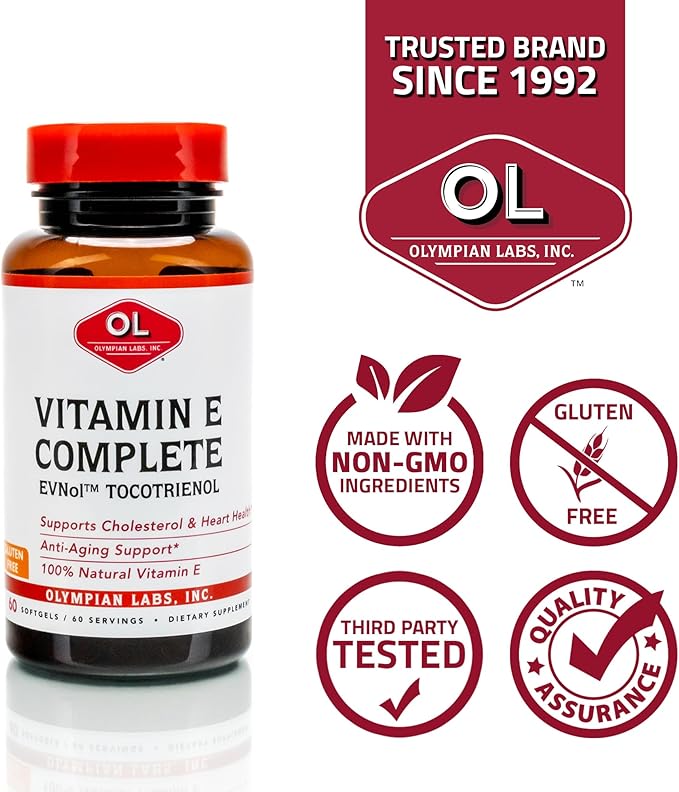 Olympian Labs Vitamin E Complete Tocomin, 200IU 60 Softgels, Fight Free Radicals, Supports Brain, Skin & Hair, 60 Servings
