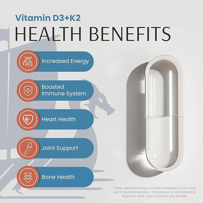 Vykee Nutrition Vitamin D3 K2 Complex - Ultimate Absorption 140mg D3 & 110mg K2 (MK-7) | Vegan, Non-GMO | Supplement for Bone, Teeth, Muscle, & Heart Health | 120 Capsules