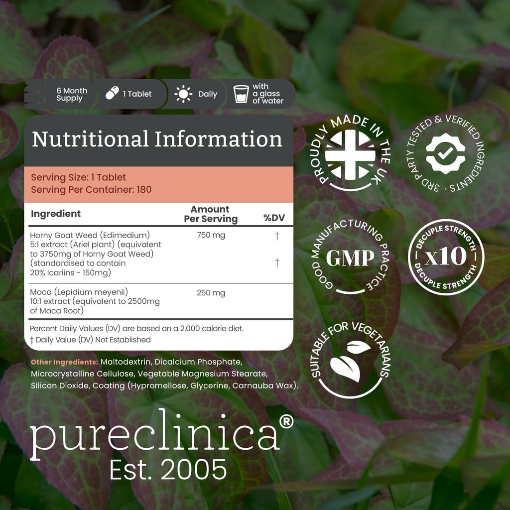 pureclinica 10X Horny Goat Weed & Maca Extract 6250mg x 180 Tablets (6 Months Supply) -10 X More Icariins - w/5mg Black Pepper Extract for 300% Increased Absorption