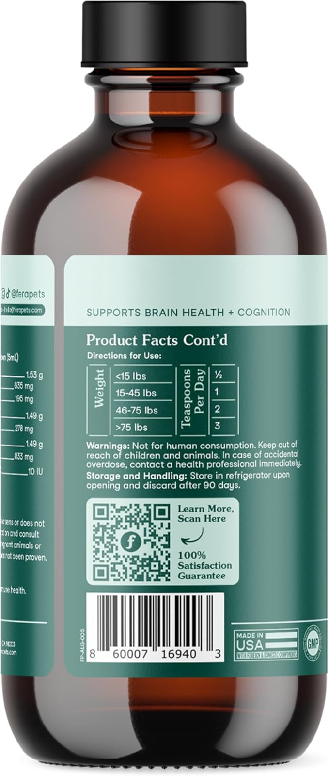 Fera Pets Algae Oil - Cats & Dogs Omega 3 Oil - Vegan - Immune, Heart, Brain, Skin and Coat Support - Includes Vitamin E, Organic Hemp Seed & Flaxseed Oil - 100% Plant Based Omega-3s - 8 oz