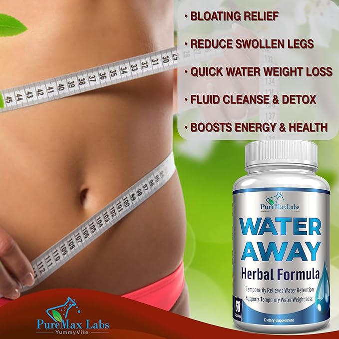 Water Away Gentle Herbal Diuretic - Natural Diuretic Water Pills - Relieve Bloating, Reduce Excess Water Weight with Dandelion Leaf, Green Tea, Detox Cleanse & Urinary Health. Non-GMO, 60 Capsules