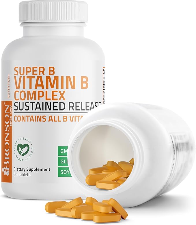 Bronson Super B Vitamin B Complex Sustained Slow Release (Vitamin B1, B2, B3, B6, B9 - Folic Acid, B12) Contains All B Vitamins 60 Tablets