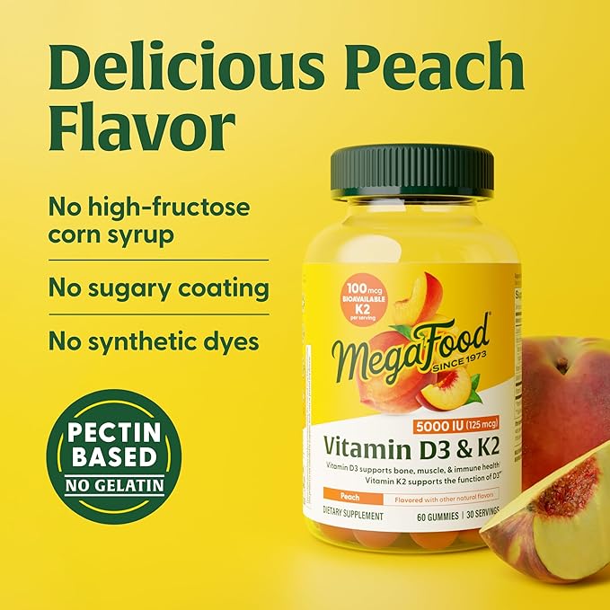 MegaFood Vitamin D3 K2 Gummies - Vitamin D 5000 IU for Bone & Immune Health Plus Support for Optimal Calcium Absorption - Peach Flavor, Pectin Based - 60 Vegetarian D3 and K2 Supplements, 30 Servings