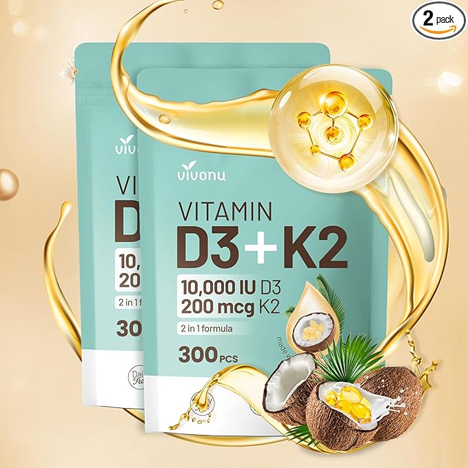 Vitamin D3 10000 iu Plus K2 (MK-7) 200 mcg, 300 Coconut Oil Softgels| 2 in 1 VIT D & K Complex | Supports Calcium Absorption, Bone, Immune, & Heart Health – Easy to Swallow (600 Softgels /2 Bag)