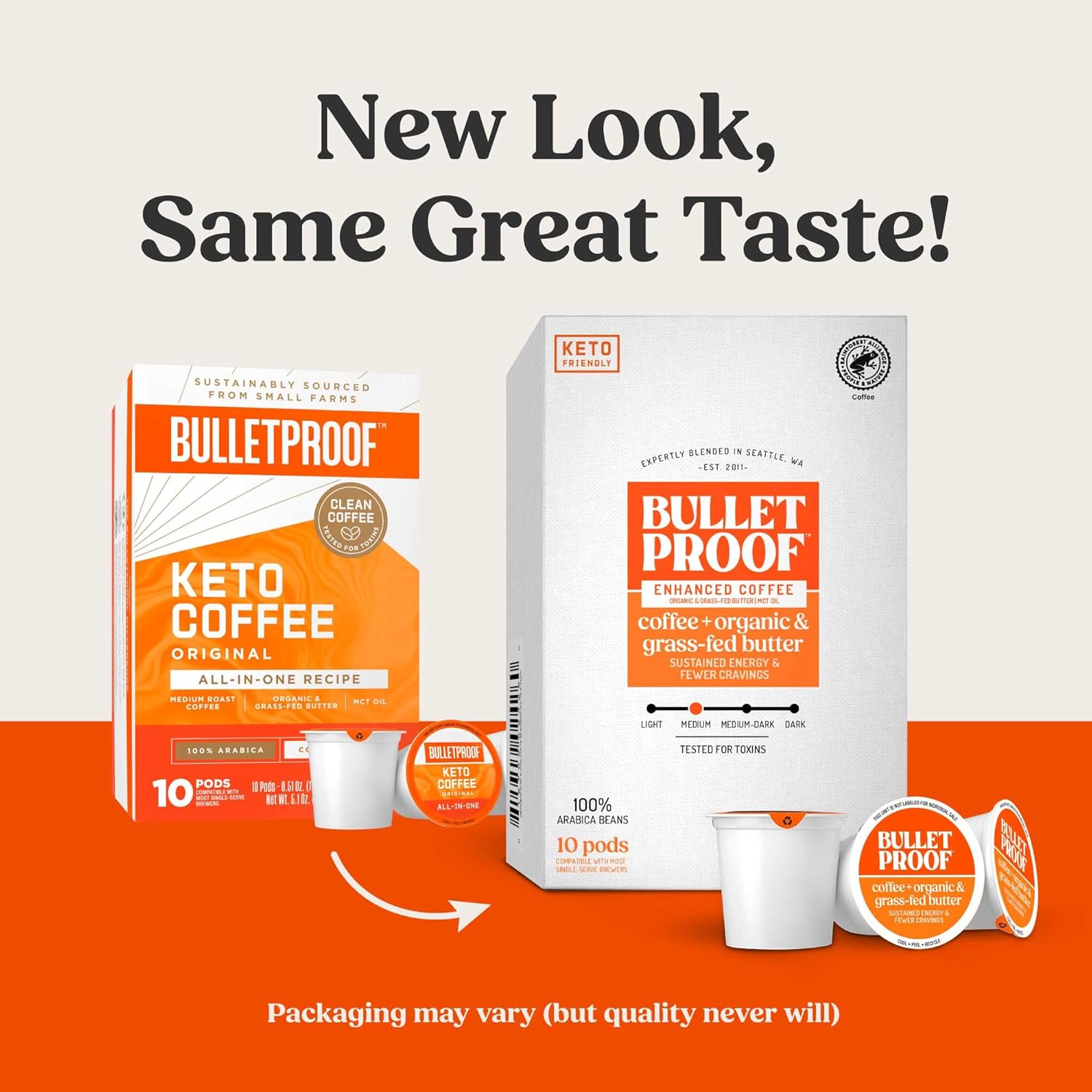 Bulletproof Coffee + Organic Grass-Fed Butter Single-Serve Pods, 10 Count, Keto Coffee, All-in-one Recipe with MCT Oil and Butter, Packaging May Vary (Pack of 2)