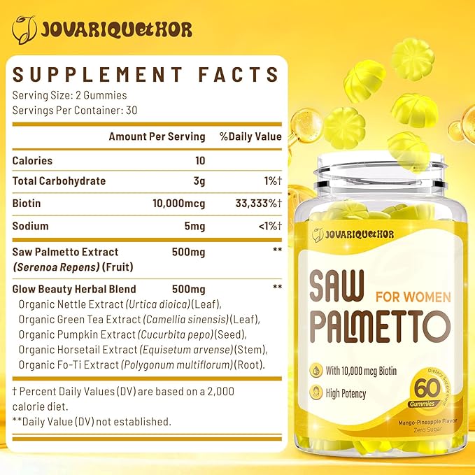 Saw Palmetto for Women - DHT Blocker Hair Growth Supplement - 500mg Potent Saw Palmetto Gummies for Hair, Skin, Nails, Urinary Wellness - Mango-Pineapple Flavor - 120 Gummies