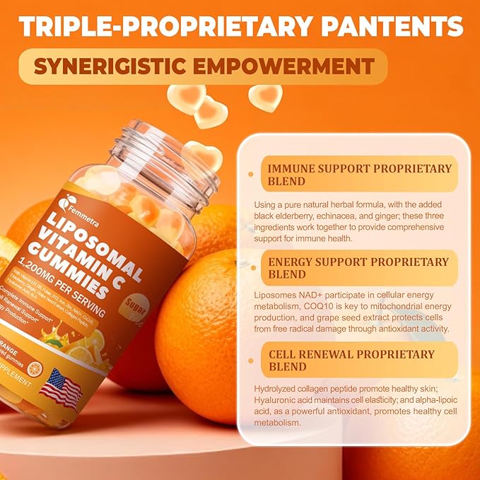 Liposomal Vitamin C Gummies for Adults, 1200mg Chewable Vitamin C Supplement with Elderberry, Zinc Iron & Folate etc - for Immune Support, Energy & Cell Health, Sugar Free, Orange Flavor, 60 Gummies