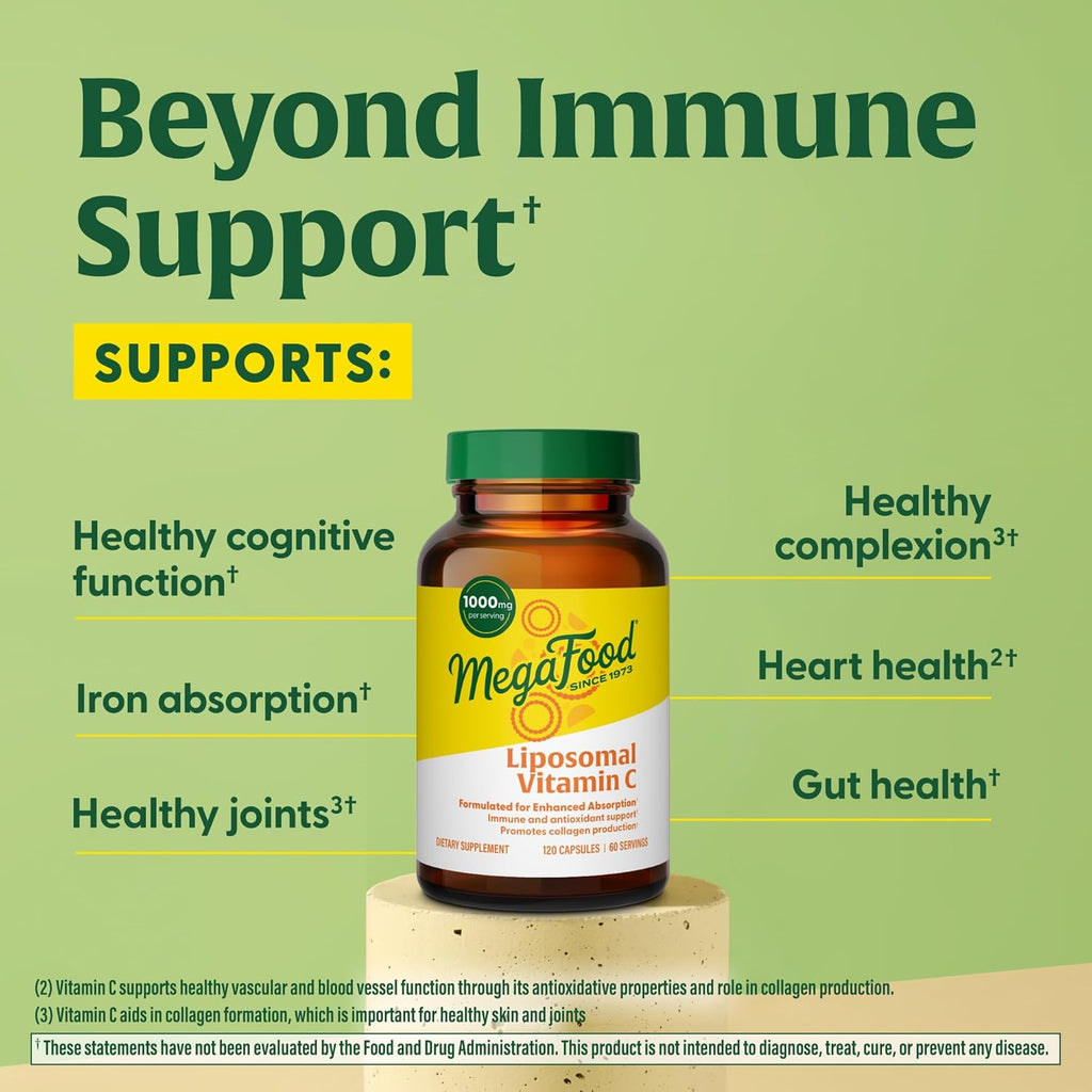 MegaFood Liposomal Vitamin C 1000mg Per Serving - Collagen Production & Immune Support Supplement - High Potency Formula - Superior Absorption & Gentle On Stomach - 120 Vitamin C Capsules, 60 Servings