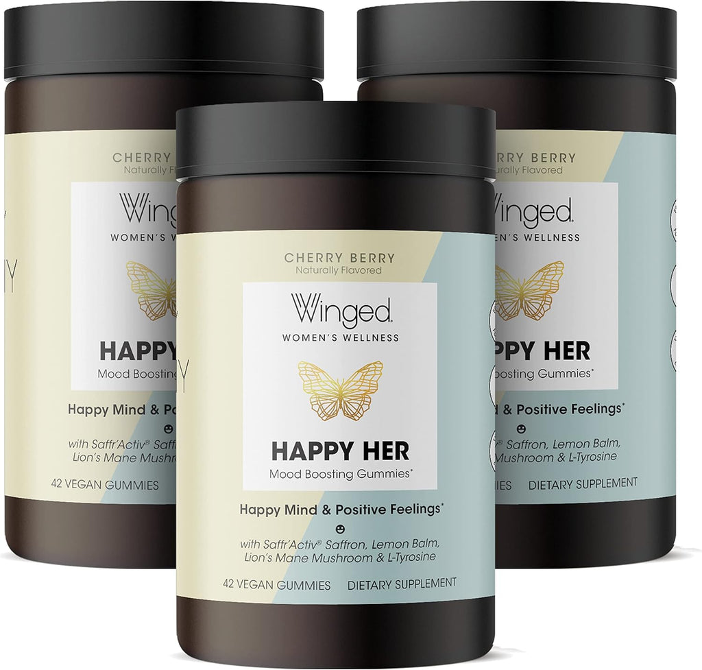 Winged Wellness Happy Her - Mood Support Gummies - Contains Saffr’ Activ Saffron Extract, 5-HTP, L-Tyrosine, Lion's Mane, Lemon Balm, and Chaste Tree - Vegan Gummy, Cherry Flavored - 3 Pack, 126 Count