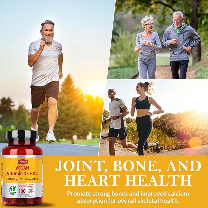 FAMILI+ 180 Days Vegan Vitamin D3+K2 Softgel with Coconut MCT Oil | 2000IU Plant Source Vitamin D3 + 100 mcg Vitamin K2 MK-7 | for Bone, Muscel, Immune, Teeth & Heart Health | 100% Vegan no-Gelatin