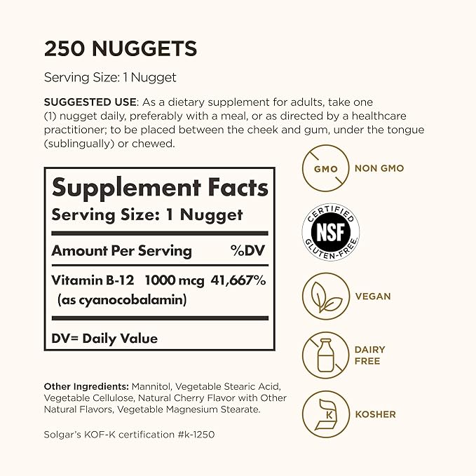 Solgar Vitamin B12 1000 mcg, 250 Nuggets - Supports Production of Energy, Red Blood Cells - Healthy Nervous System - Promotes Cardiovascular Health - Vitamin B - Non-GMO, Gluten Free - 250 Servings