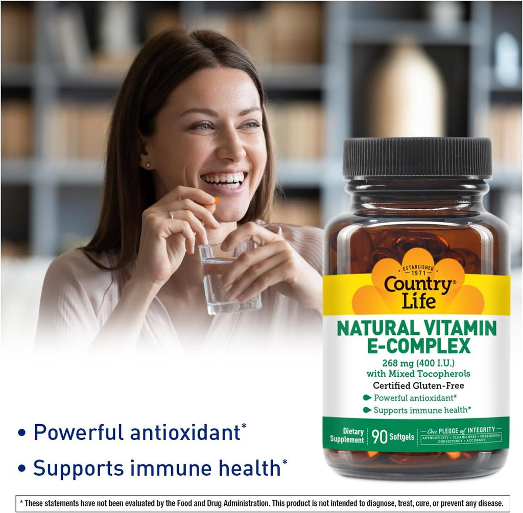 Country Life Vitamin E-Complex 400 IU – Natural Mixed Tocopherols – Antioxidant & Immune Support – Promotes Skin Health & Fights Oxidative Stress – Certified Gluten-Free – 90 Softgels
