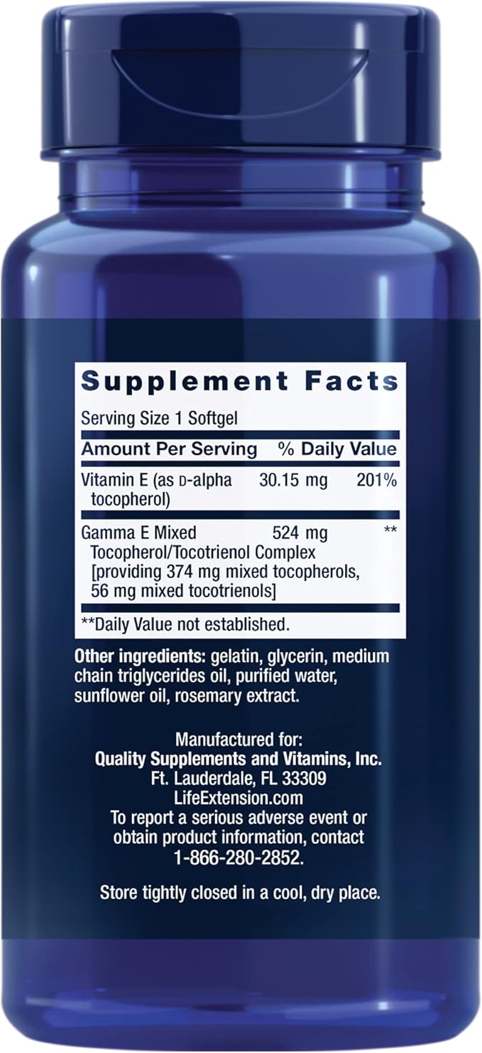 Life Extension Gamma E Mixed Tocopherols & Tocotrienols – Complete Vitamin E Spectrum, Antioxidant Protection – Non-GMO, Gluten-Free – 60 Softgels