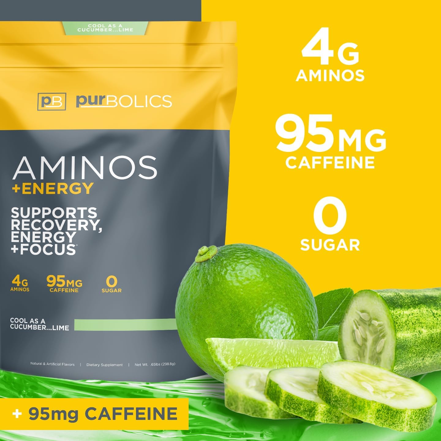 Purbolics Aminos + Energy | Supports Recovery, Energy & Focus | 95mg of Caffeine, 0 Sugar & 60 Servings (Cool As Cucumber…Lime)