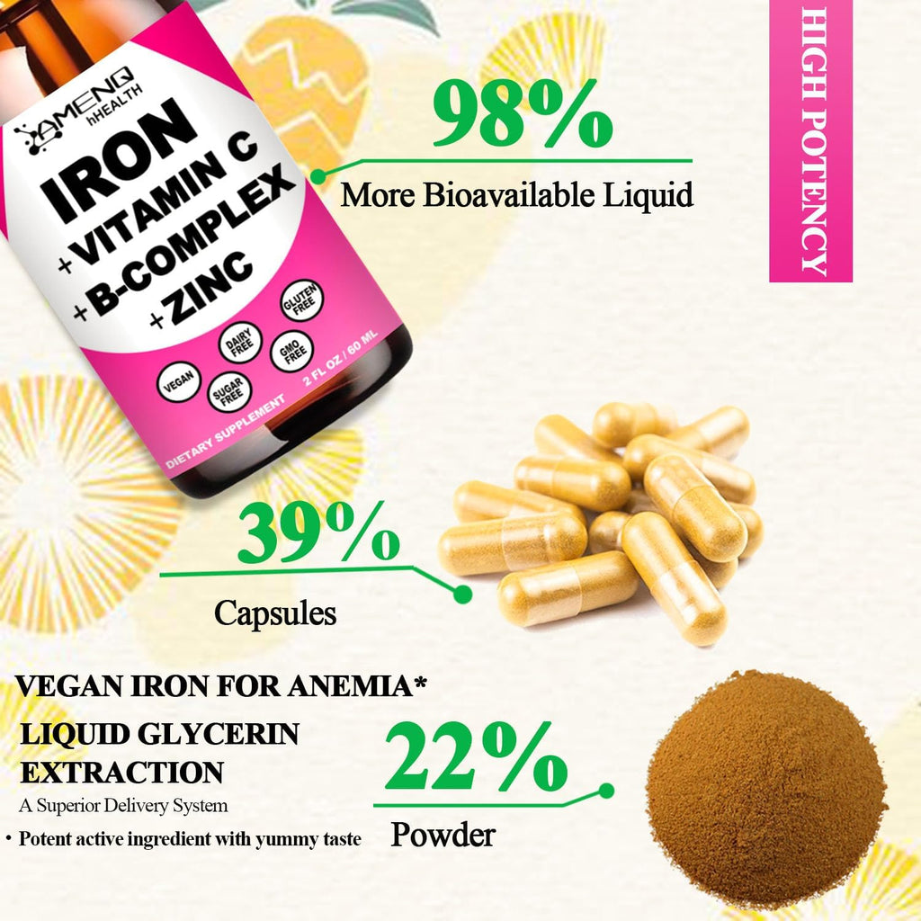 Iron Supplement for Women Men & Kids, Iron Vitamin C, A, B-Complex, Vegan Iron Drops High Potency Liquid Vitamin & Iron Supplements for Anemia, Red Blood Cell, Energy, Blood Builder, Gentle Iron