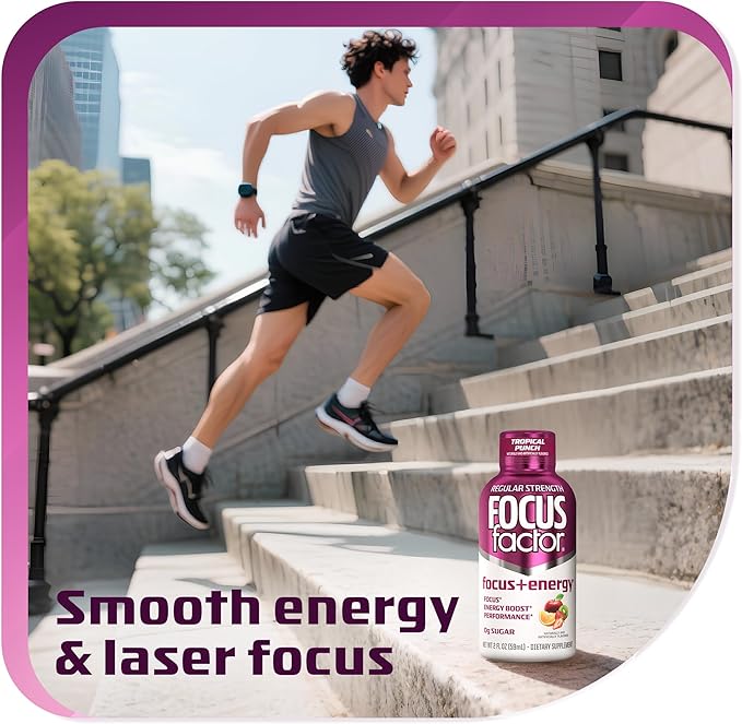 Focus Factor Focus + Energy Shots - 12 x 2oz Bottles (Tropical Punch Flavor) - Powered by Nootropics with Caffeine, L-Theanine, Ginkgo, Bacopa, L-Tyrosine, Alpha GPC