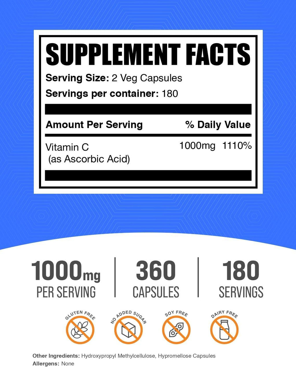 BulkSupplements.com Ascorbic Acid Capsules - Ascorbic Acid Vitamin C 1000mg, Vitamin C Supplement - Vegan & Gluten Free, 2 Capsules per Serving, 360 Count (Pack of 1)