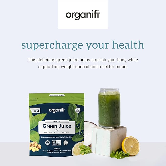 Organifi Green Juice - Powder Supplement with Organic Spirulina, Ashwagandha, and Chlorella - Helps Achieve Fitness Goals and Reduce Cortisol Levels - 3 Pack