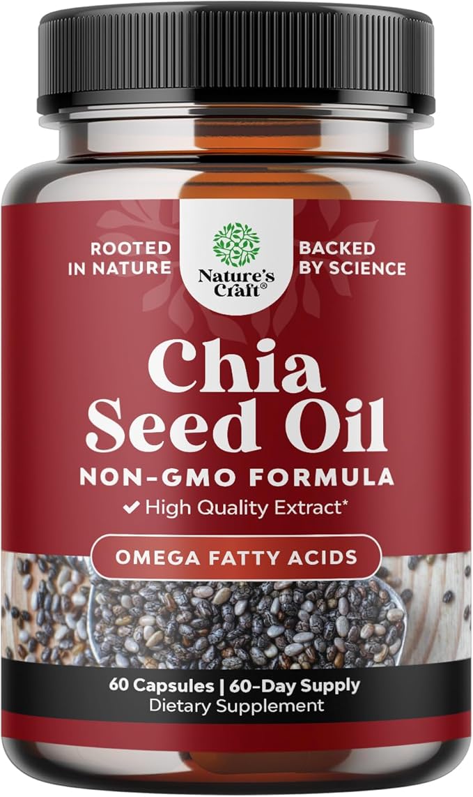 Chia Seed Oil Extract Capsules - Plant Based Omega 3 6 9 Supplement and Daily Fiber Capsules for Digestive and Immune Support and Heart Health - Omega 3 Fatty Acids Supplement for Men and Women - 60ct