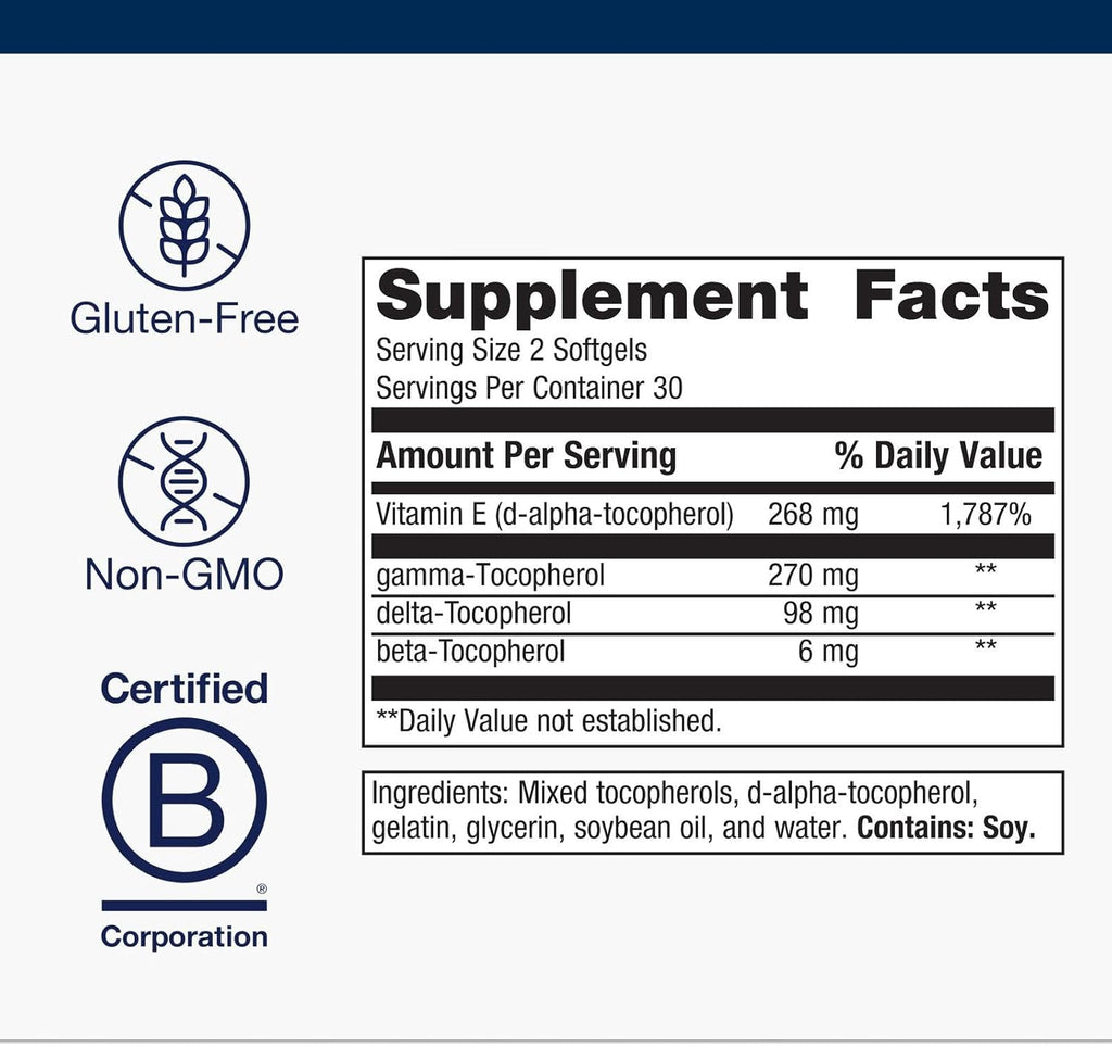 Metagenics Vitamin E Mixed Tocopherols - Antioxidants Supplement* - with Gamma-, Delta- & Beta-Tocopherols - Gluten-Free - 60 Softgels