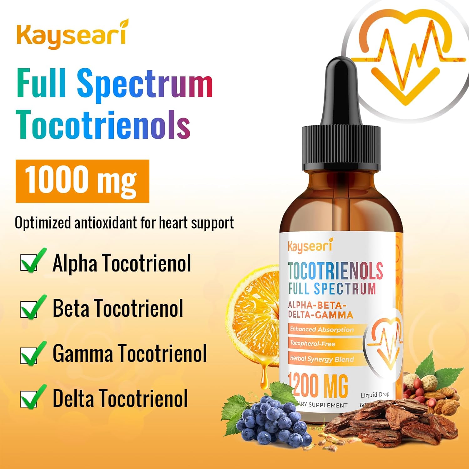 Full Spectrum of Tocotrienols Supplement 1200mg- Tocotrienol Vitamin E Liquid,Tocopherol-Free - Superior Antioxidant Blend - Higher Absorption - 2 fl oz,30 Servings