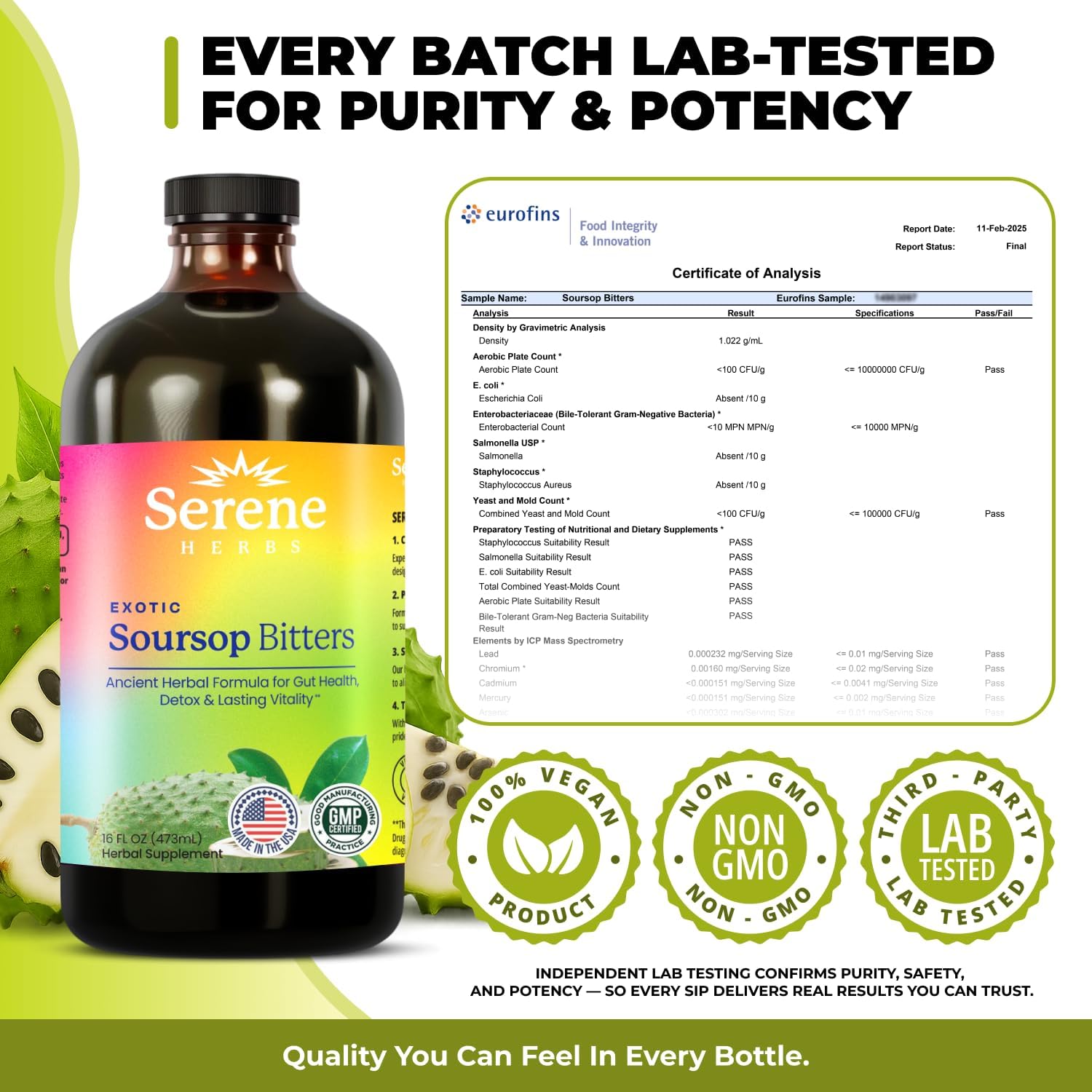 Serene Herbs - Soursop Bitters Liquid - Organic Herbal Guanabana Detox with Black Seed, Moringa & Ginger - Supports Digestive Wellness & Immune Function - 16 fl oz