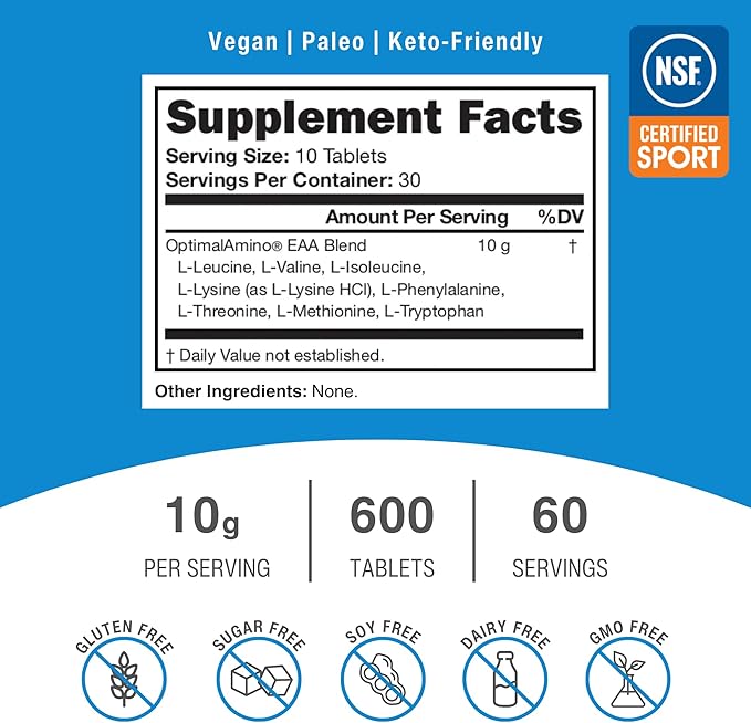OptimalAmino Tablets Fitness Bundle (600 Count) | 99% Utilized Essential Amino Acid (EAA) Supplement | Increase Muscle Recovery, BCAA Protein Pre/Post Workout, NSF Certified for Sport® Certified