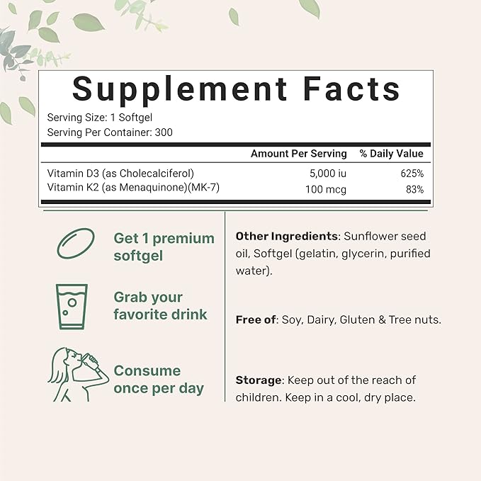 Micro Ingredients Vitamin D3 5,000 IU + K2 MK-7 100 mcg, 2 Pack (600 Softgels) | Liquid-Filled with Sunflower Oil | 2-in-1 Vitamins D & K Complex | Extra Strength, Easy to Swallow, Non-GMO, No Gluten