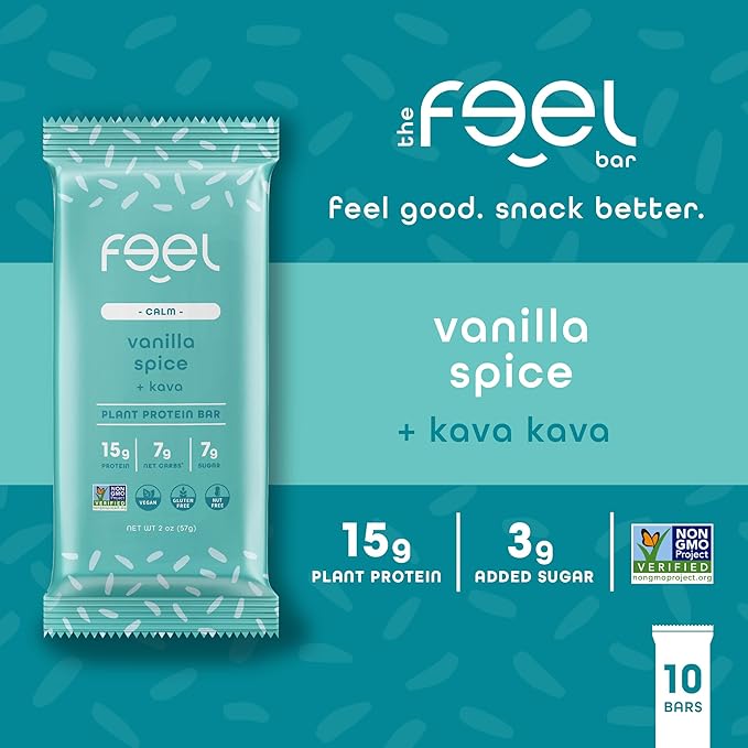 Feel Vegan Protein Bars, Calm, Kava, 15g Protein, Adaptogenic Snack, Organic, Low Sugar, Low Carb, Gluten Free, Dairy, Nut, Grain, Soy Free, Vanilla Spice, 10 Pack