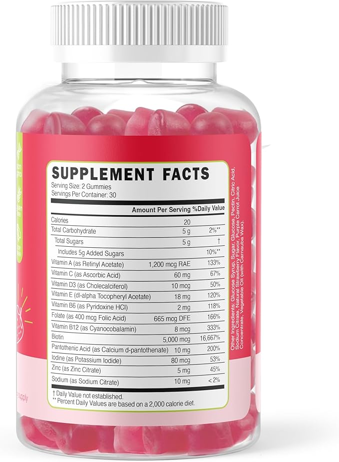 Hair Growth Gummies with Biotin 5000mcg + Vitamins C, E & Zinc - Helps Prevent Hair Thinning & Loss - Stronger Hair, Skin & Nails - Vegan, Non-GMO - 60 Strawberry Gummies for Women & Men