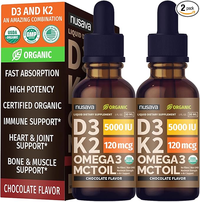 (2 Pack) Organic Vitamin D3 K2 Drops with MCT Oil Omega 3, 5000 IU, Maximum Strength Vitamin D Liquid, No Fillers, Non-GMO Liquid D3 for Faster Absorption and Immune Support (Chocolate, 2 Fl Oz)