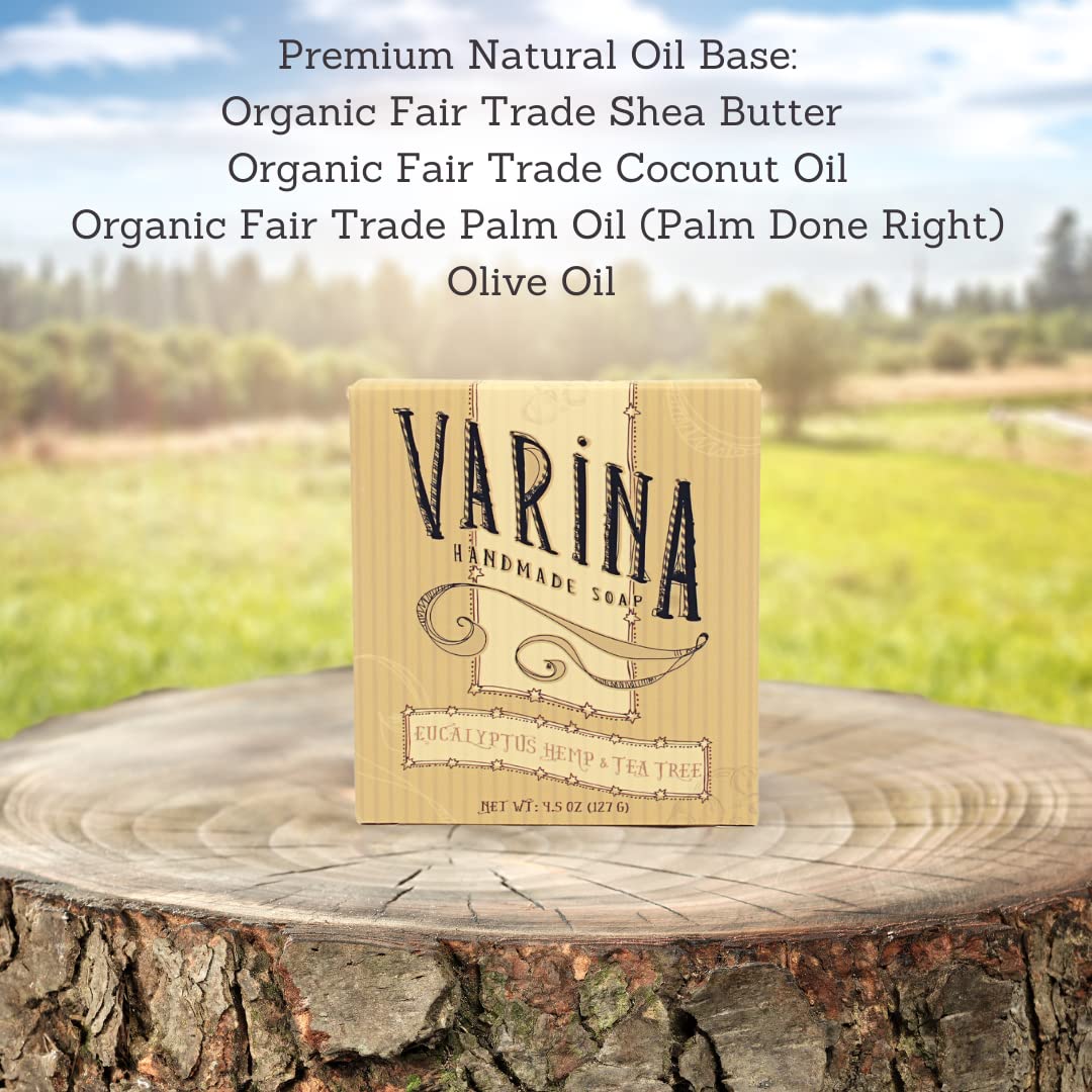 Varina Organic Eucalyptus Hemp & Tea Tree Bar Soap - Gentle Cleansing for Sensitive Skin, Herbal and Mint - 3 Pack