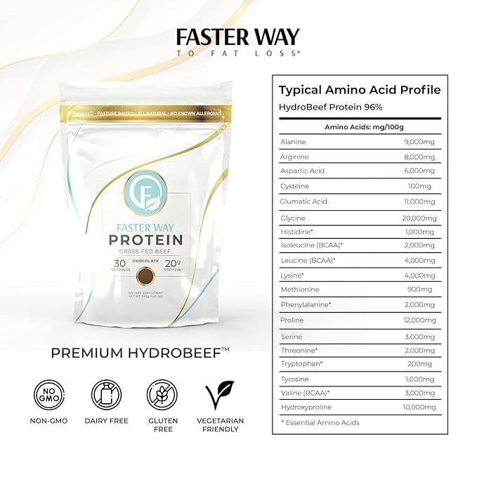Faster Way - Protein Powder - Hydrolyzed Grass Fed Beef - 20g of Protein Per Serving - Muscle Growth & Recovery - 9 Essential Amino Acids - Sugar, Gluten & Dairy Free - Non-GMO -Chocolate -30 Servings