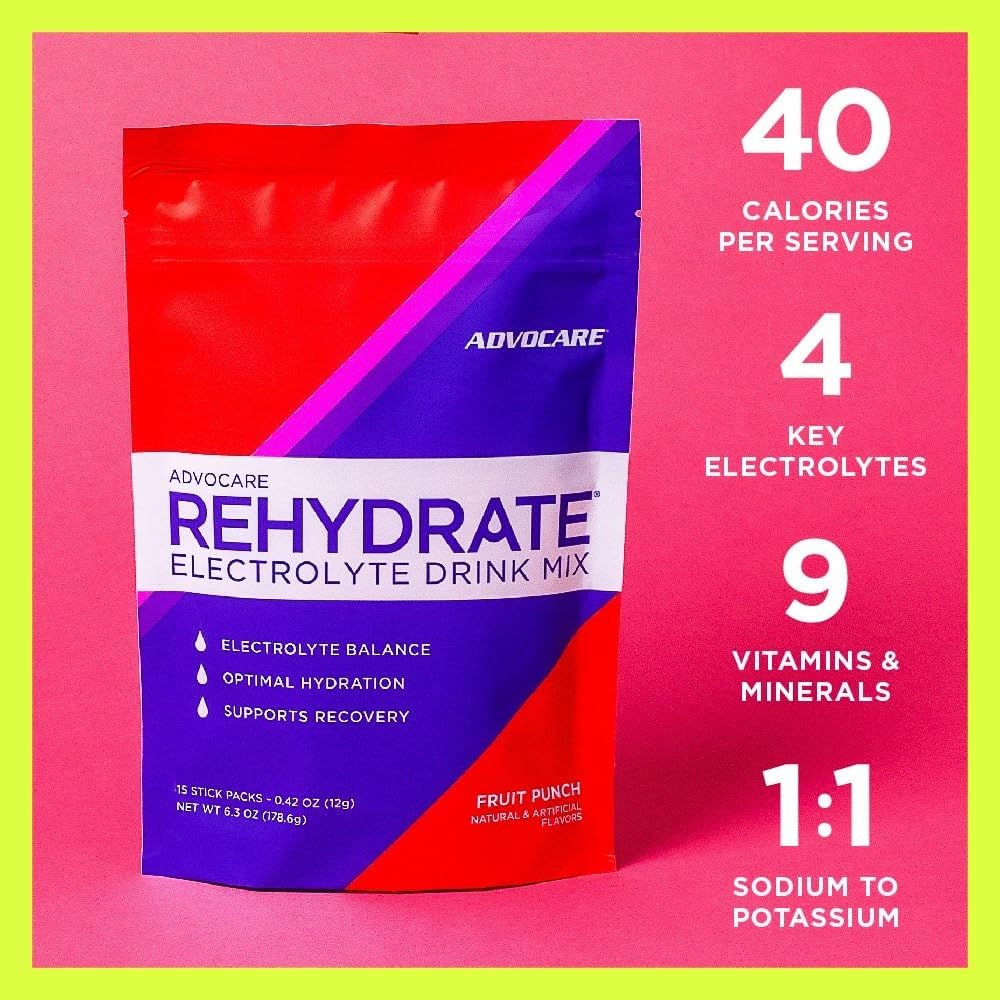 AdvoCare Rehydrate - Electrolyte Drink Mix - Includes Magnesium, Sodium, Potassium & Calcium - Antioxidant & Amino Acid Fortified - Hydration & Recovery - Fruit Punch, 15 Stick Packs (6.3 oz)