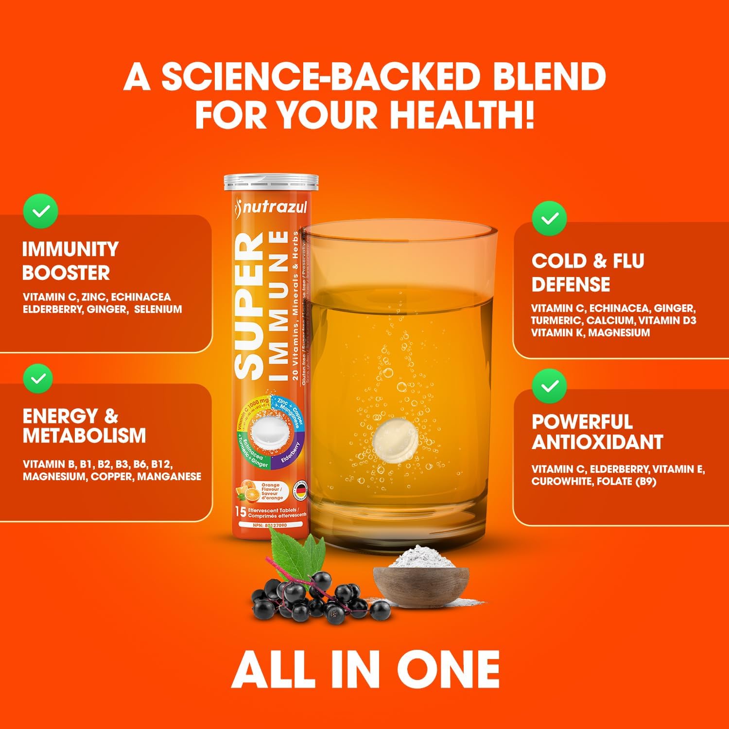 nutrazul Super Immune 30 Effervescent Tablets, 20 Vitamins & Minerals, Herbal Extracts to Support Daily Routine, Vitamin C, Zinc, Elderberry & Echinacea, Vegan, Gluten-Free, Sugar-Free, Orange Flavor