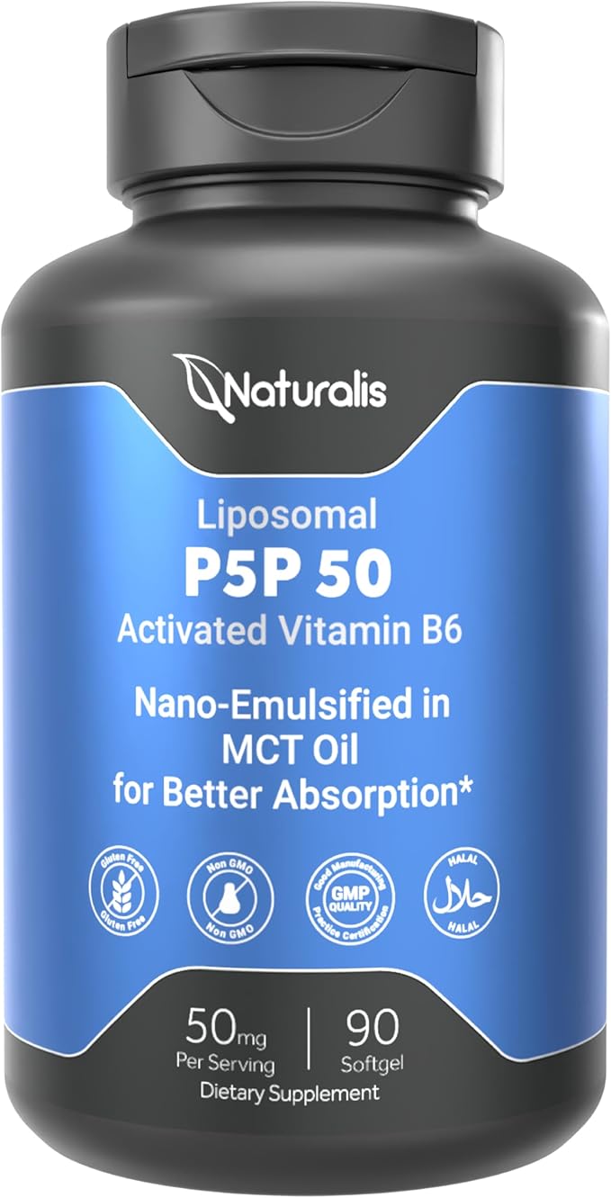 Naturalis Liposomal P-5-P 50mg Activated Vitamin B6 Nano-Emulsified in MCT Oil for Better Absorption | Non-GMO and Soy Free | Support Energy Metabolism and Neurological Function | 90 Softgels
