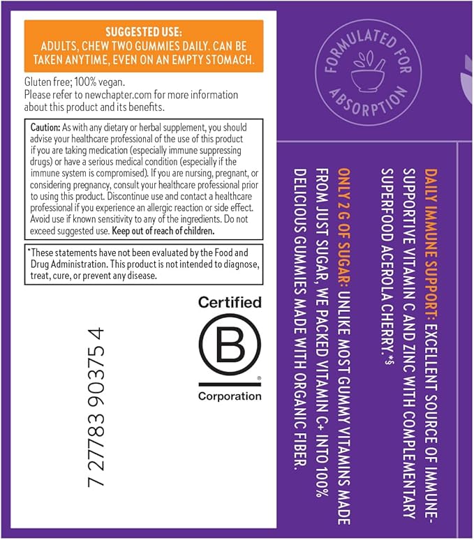 New Chapter Vitamin C+ Gummies – 35% Less Sugar§, Excellent Source of Vitamin C, Two Daily Gummies for Immune Support with Acerola Cherry, Vegan, Non-GMO, Gluten Free, Citrus Flavored, 60ct