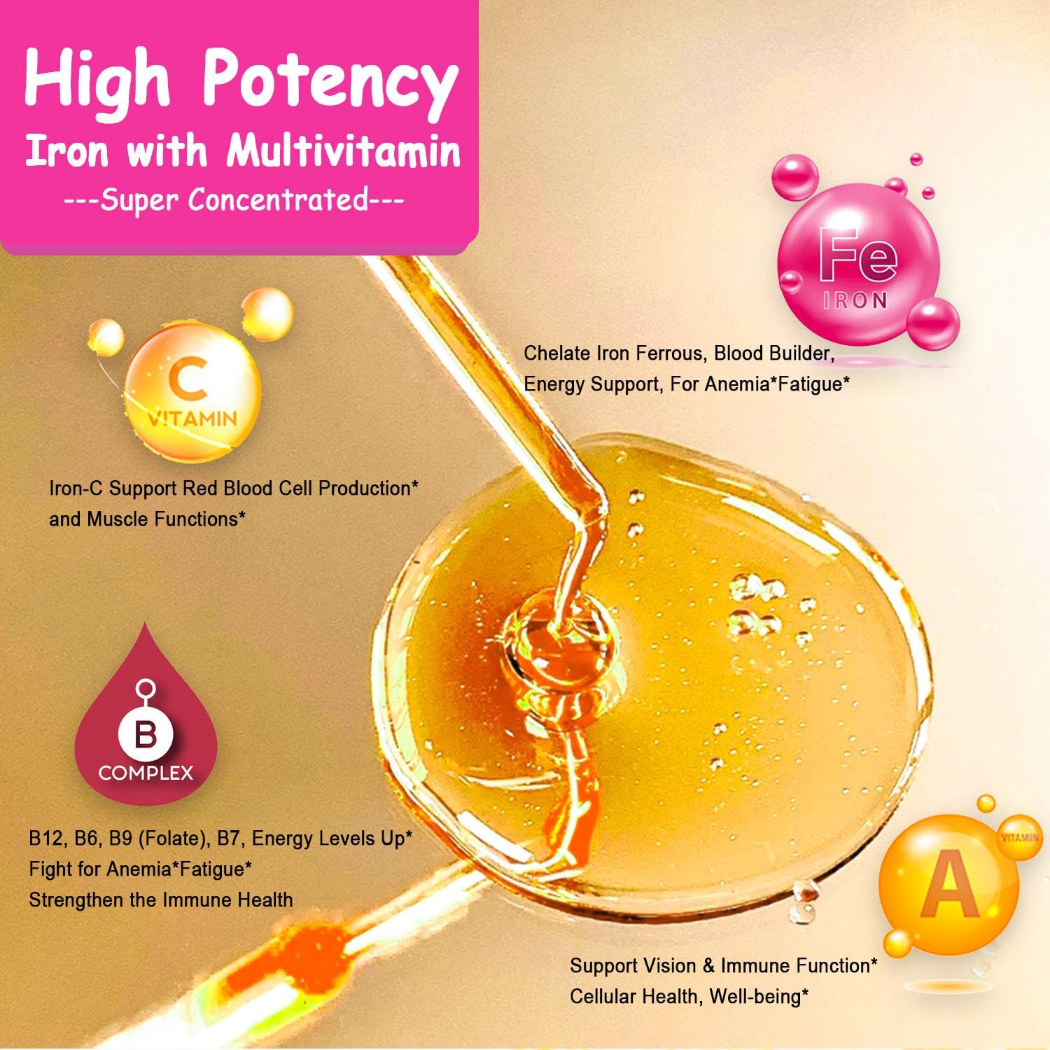 Iron Supplement for Women Men & Kids, Iron Vitamin C, A, B-Complex, Vegan Iron Drops High Potency Liquid Vitamin & Iron Supplements for Anemia, Red Blood Cell, Energy, Blood Builder, Gentle Iron
