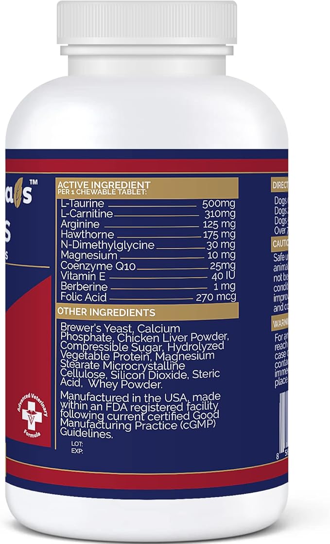 Cardio Tabs Heart Support Supplement for Dogs - Aids Cardio Support and Cardio Strength Supplement for Dog, L-Taurine, L-Carnitine, Hawthorn, L Arginine, Coenzyme Q10 - Made in USA - 120 Tablet