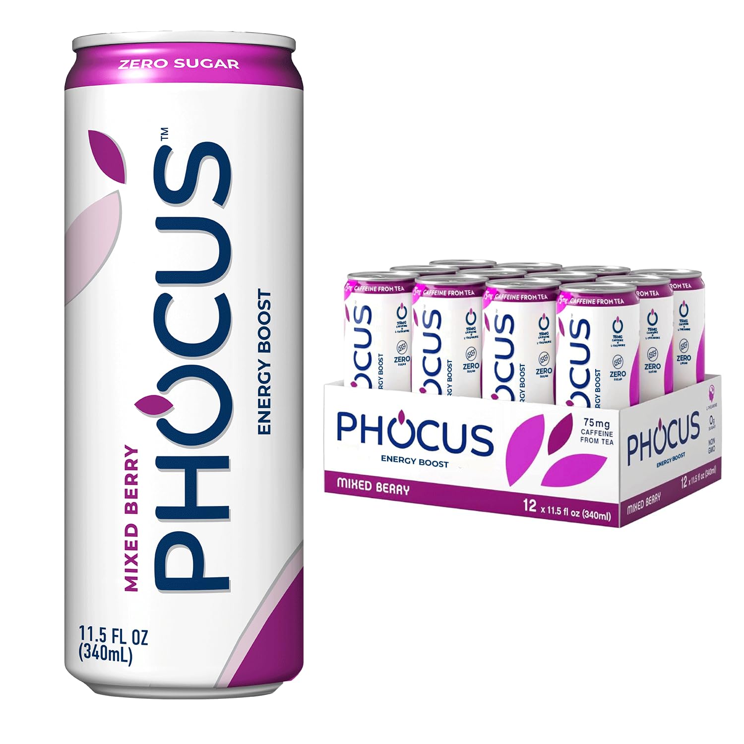 Phocus Caffeinated Sparkling Water - Mixed Berry - Clean Energy with Caffeine + L-Theanine - 0 Sugars, Calories or Carbs - Non GMO, Whole 30, Keto, Vegan, Kosher - 11.5 Fl Oz. (12 Pack)