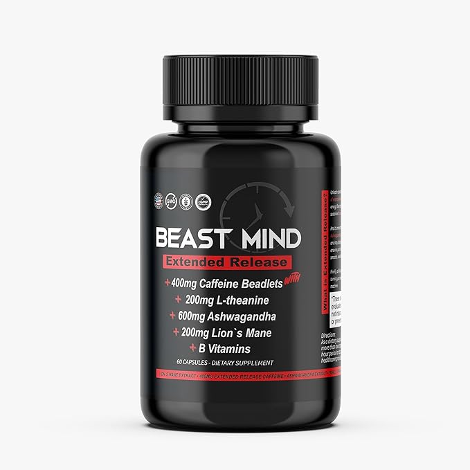 Beast Mind Extended Release Extreme Energy Pills | 400mg XR Caffeine | 600mg Ashwagandha | 200mg Lion's Mane, Increased Energy & Focus, Natural Nootropic Labs