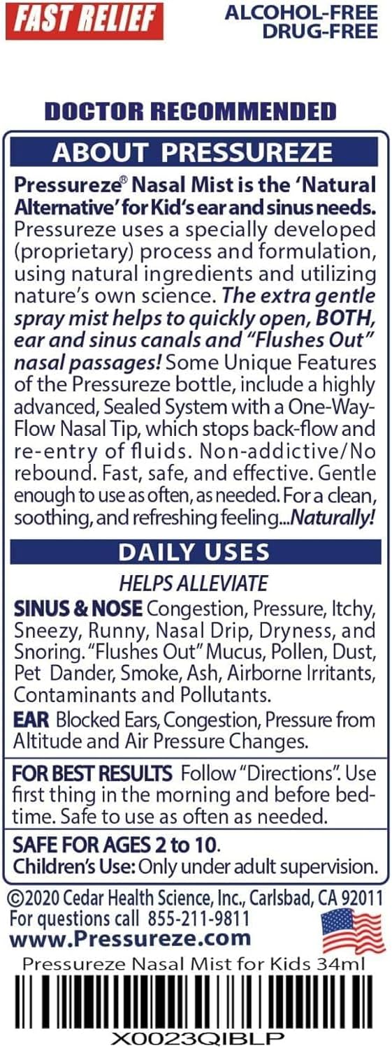 Pressureze Preservative-Free Sterile Nasal Spray for Children - for Sinus and Ear Relief - Open Blocked Ear Canals - Kids Fast Congestion Relief Nasal Spray, 245 Sprays - 34 ml (Pack of 1)