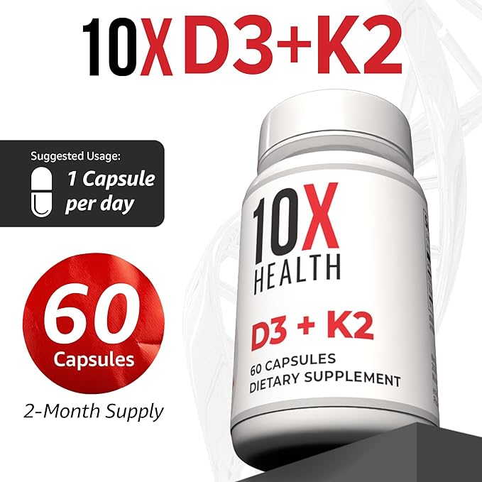 10X Health Vitamin D3 5000 IU & K2 MK7 - Menaquinone 7, High-Potency D3 K2 Vitamin Supplement for Bone Health, Heart and Teeth - 125 mcg Vitamin D & 90 mcg Vitamin K2-60 Capsules