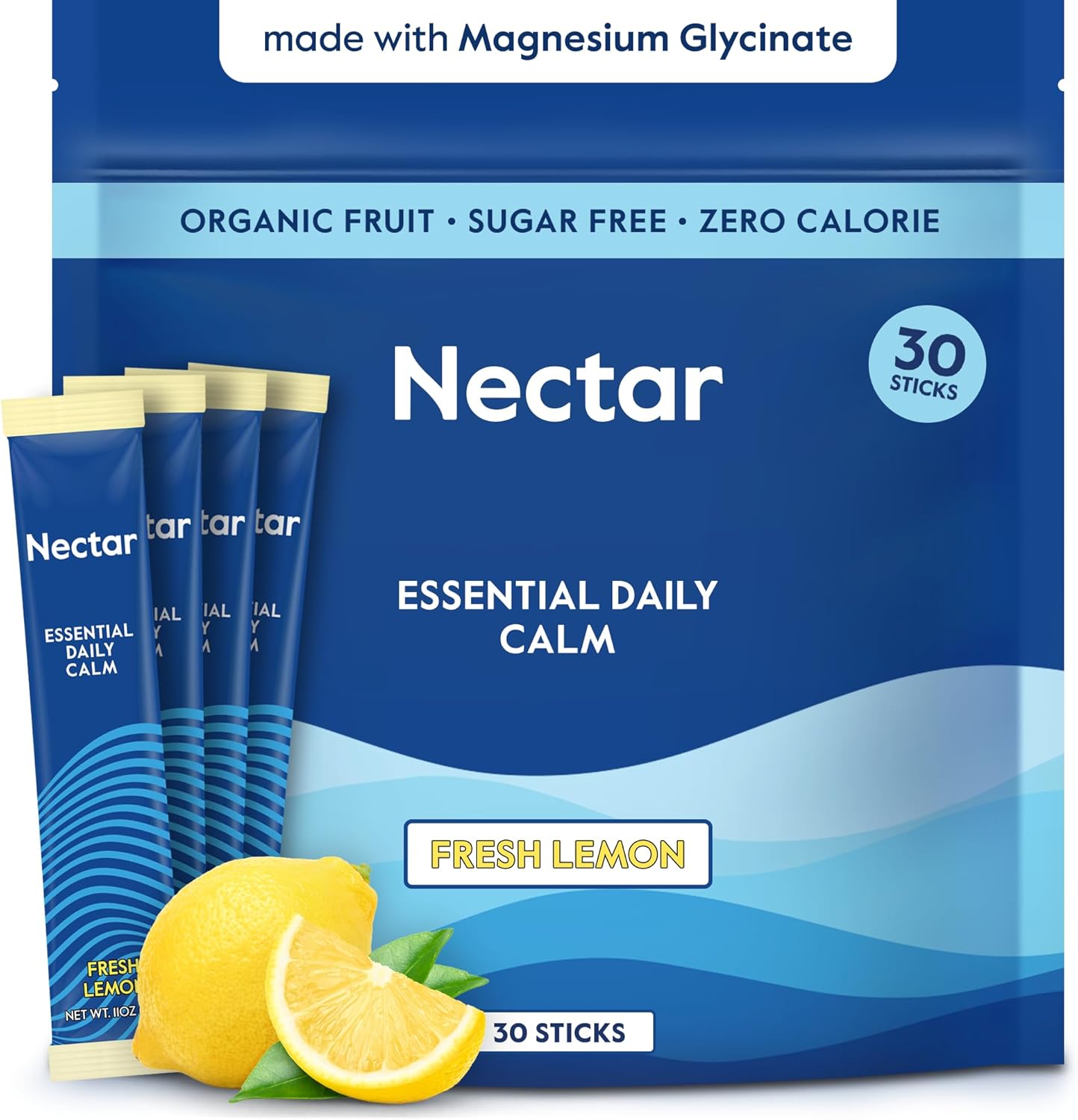 Nectar Calm Magnesium Glycinate Drink Mix - Sugar Free & Zero Calorie - with Organic Ashwagandha, Vitamin D, L-Theanine, Hydrating Electrolytes - Relax, Focus & Calm - Non-GMO (Lemon 30 Sticks)