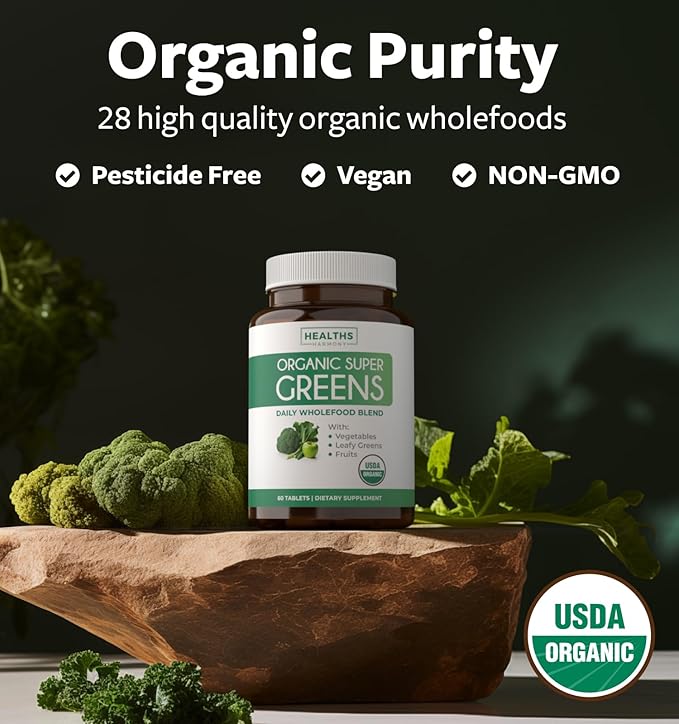 USDA Organic Super Greens Supplement - Organic Greens Fruits and Vegetable Supplement for Adults with 28 Superfood Complex with Superfruits Roots Herbs & More - Vegan & Non-GMO (Up to 1 Month Supply)