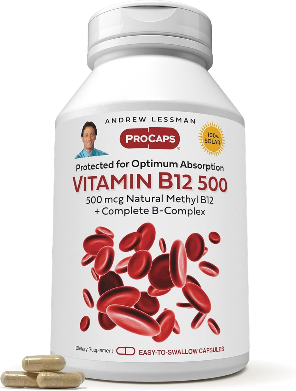 ANDREW LESSMAN Vitamin B12 500 60 Capsules - Absorption-Protected Methylcobalamin (Natural Coenzyme Vitamin B12), Essential for Energy and Stress Support, Plus B-Complex, Easy to Swallow Capsules