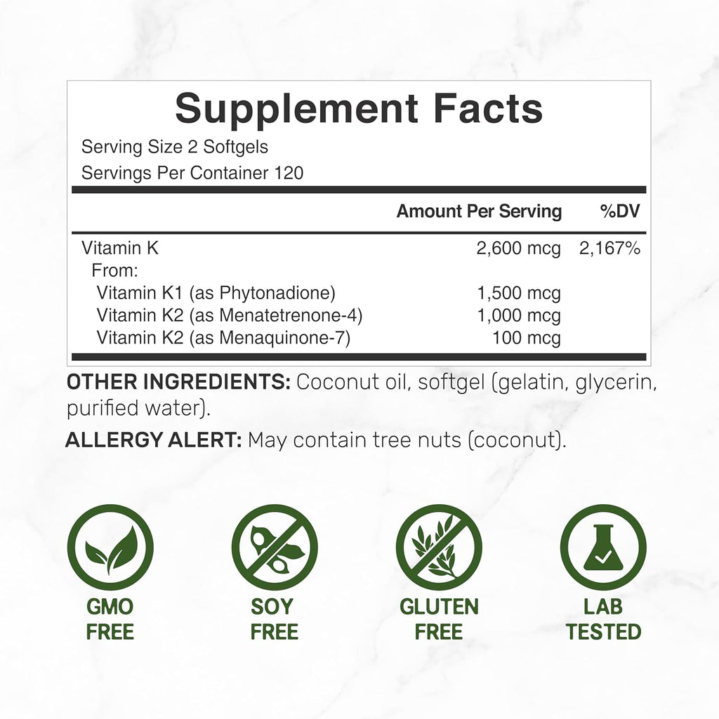 DEAL SUPPLEMENT Vitamin K Complete - 240 Coconut Oil Softgels | High Potency Vitamin K2 (MK-7 and MK-4) & K1 | Full Spectrum Triple Vitamin Ｋ | Bone, Joint, & Immune Support – Non-GMO